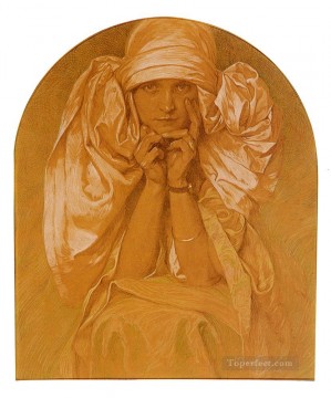 アルフォンス・ミュシャ Painting - 芸術家の娘ヤロスラヴァの肖像画チェコ アール ヌーボー独特のアルフォンス ミュシャ